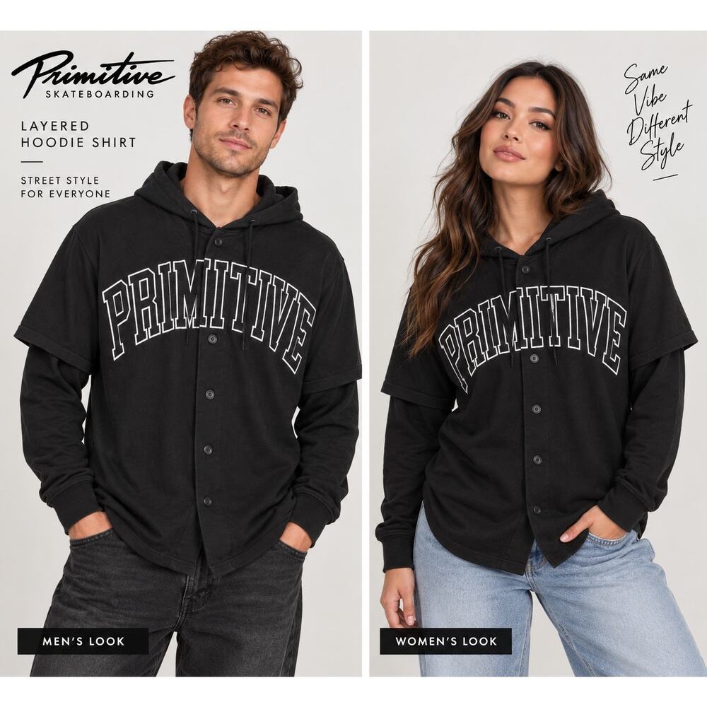 Primitive Skateboarding Mens S Black Layered Hoodie Shirt Embroidered Logo